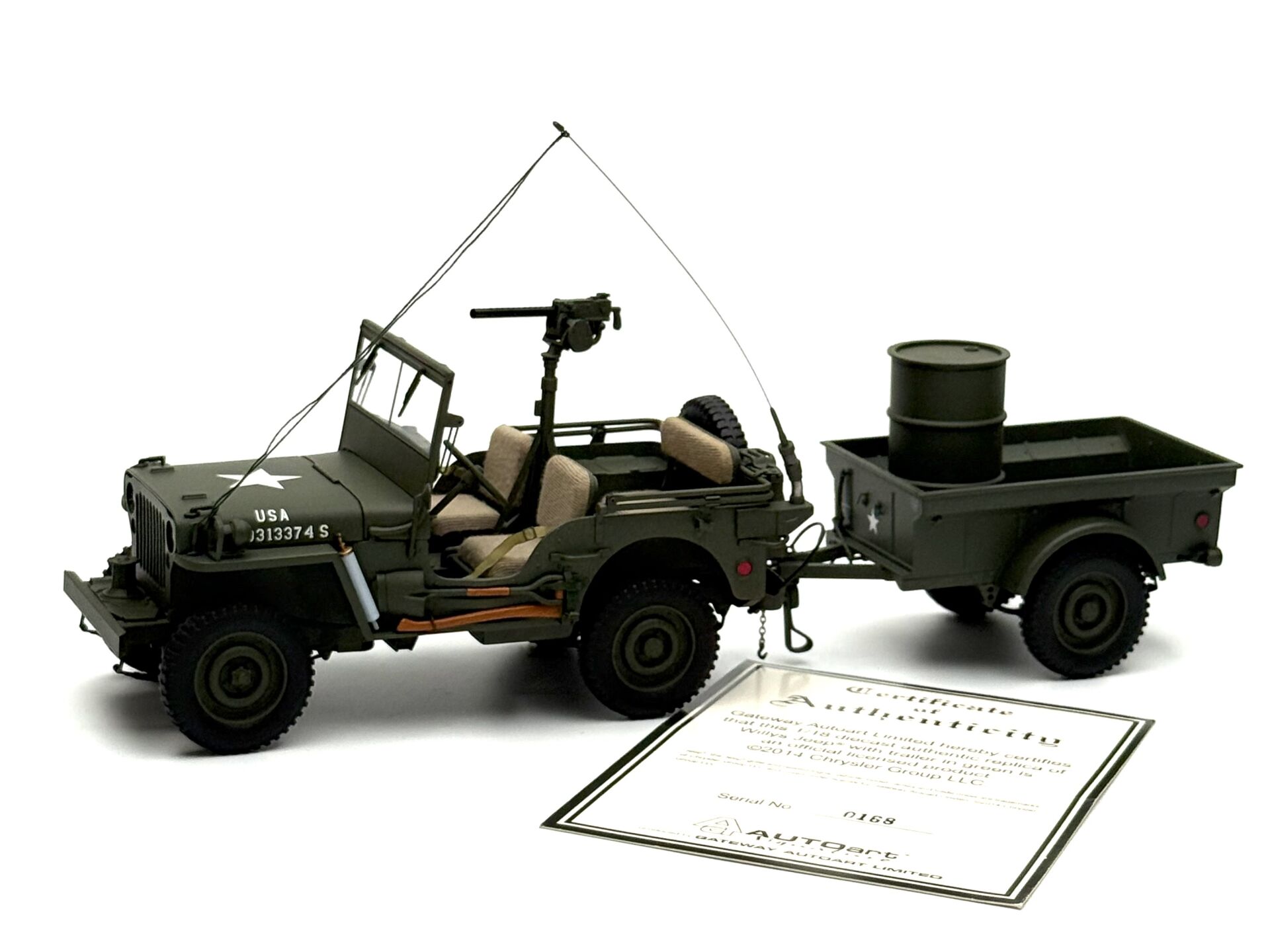 1:18 WILLYS Jeep with Trailer US Army 1941 74016 - Autoart Signature