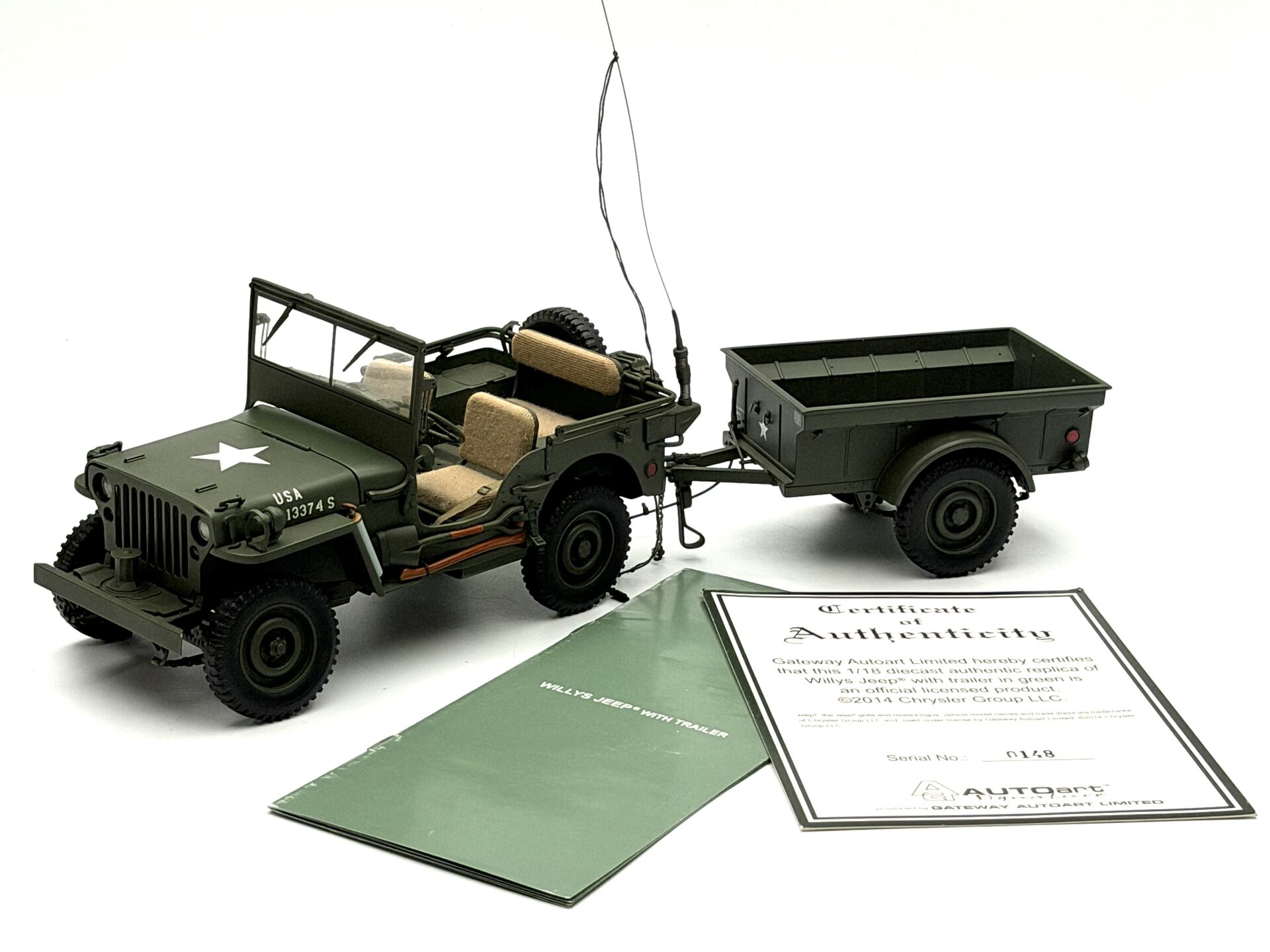 1:18 WILLYS Jeep with Trailer US Army 1941 74016 - Autoart Signature